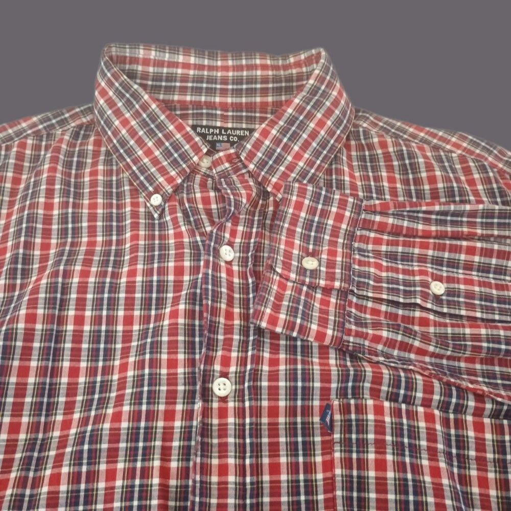 Ralph Lauren Jeans Co Button Down Shirt Mens Medium Plaid Red Blue Americana